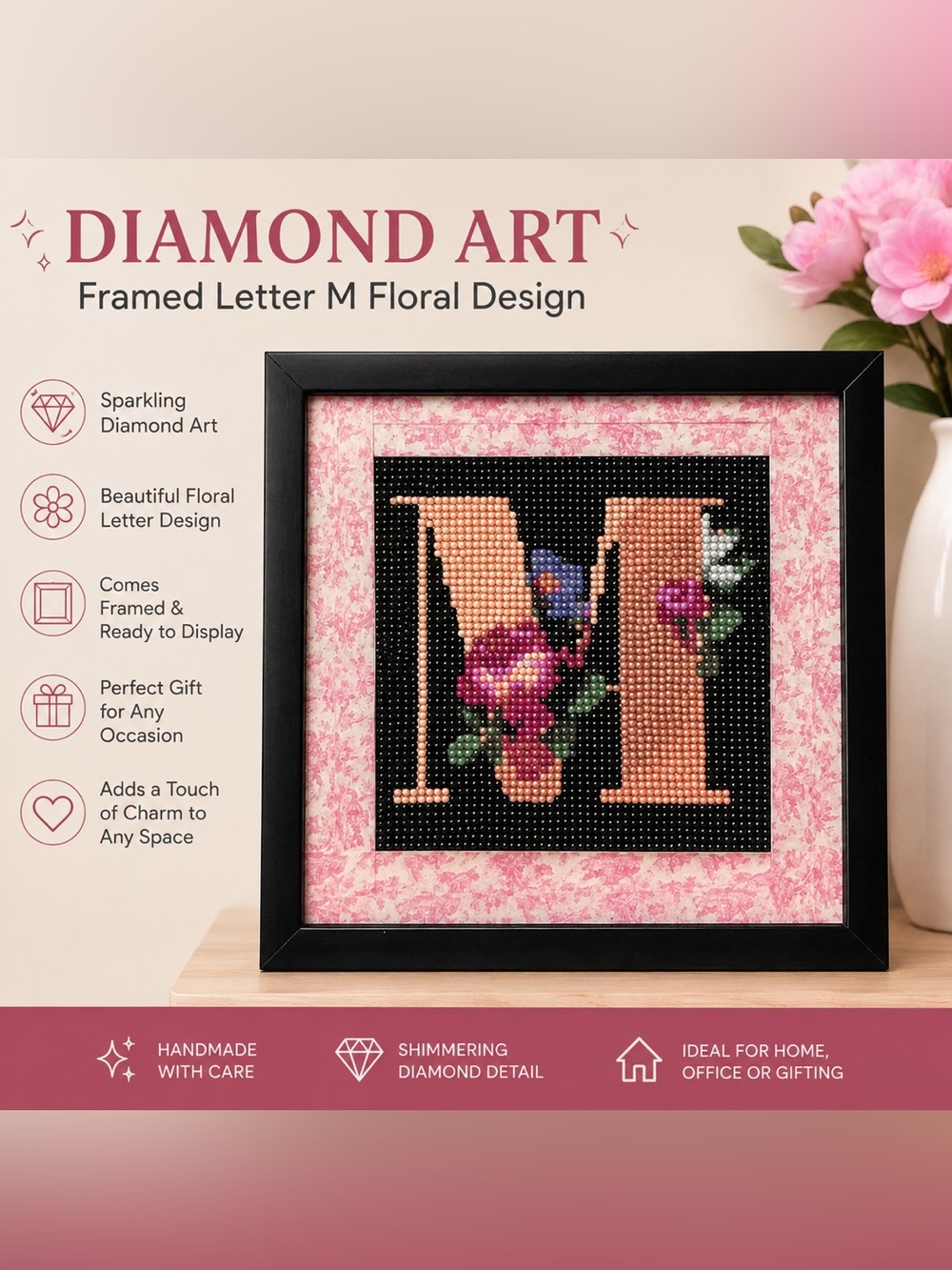 Framed Diamond Art Letter M Floral Design
